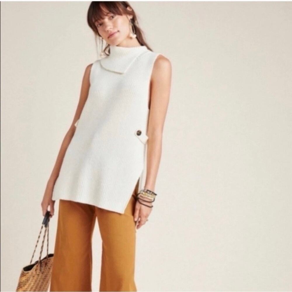Anthropologie Alexa Sleeveless Split Mock Neck Button Sides Cream Tunic Sz XS
